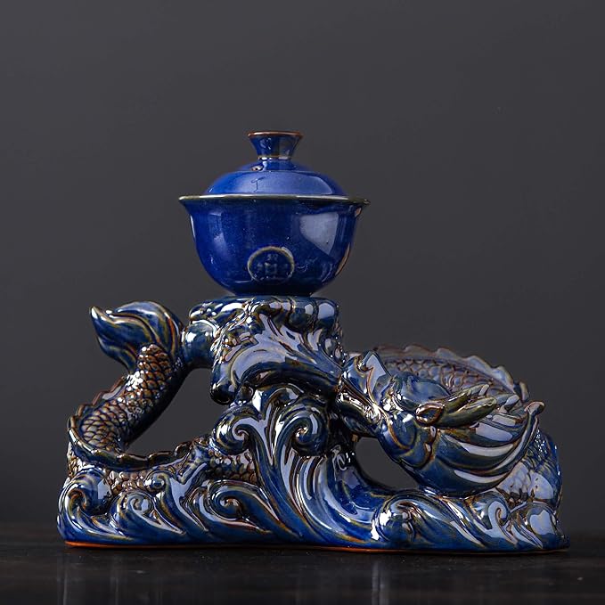 Semi Automatic Tea Set Ceramic Teapot with Infuser Magic Teapot with 8 cups (Dark Blue Dragon-D)