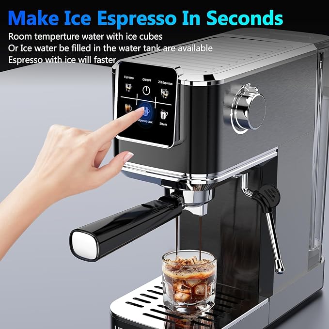 Espresso Machine 20 Bar,Touch Screen Espresso Maker with Steam Milk Frother,Stainless Steel Expresso Coffee Machine for Cappuccino Latte Cold Brew,1350W Fast Heat Up System,Black