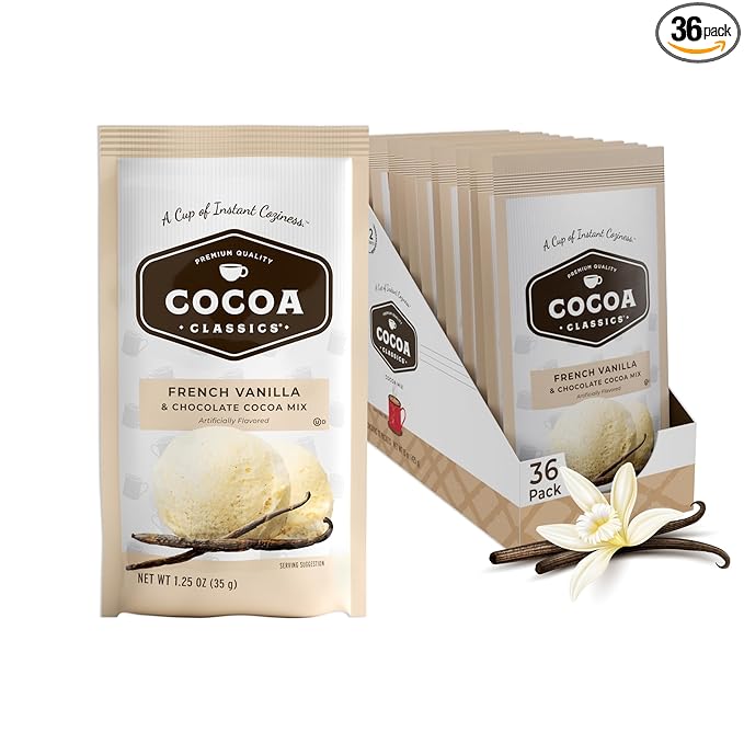 Cocoa Classics French Vanilla Cocoa Mix Hot Chocolate Made with Nonfat Milk Just Add Hot Water Make Hot or Iced Cocoa Gluten Free & Kosher Dairy Friendly 1.25oz Packets (Pack of 36)