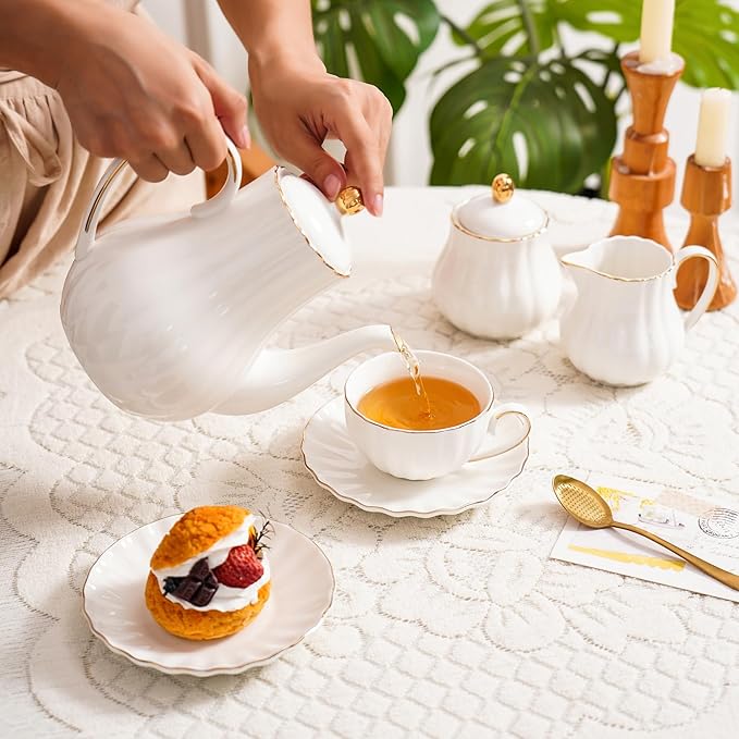 Ceramic Sugar and Creamer Set, 3 Piece with Cream Pitcher, Sugar Bowl with Lid and Spoon,Coffee and Tea Serving Set (White with gold line)