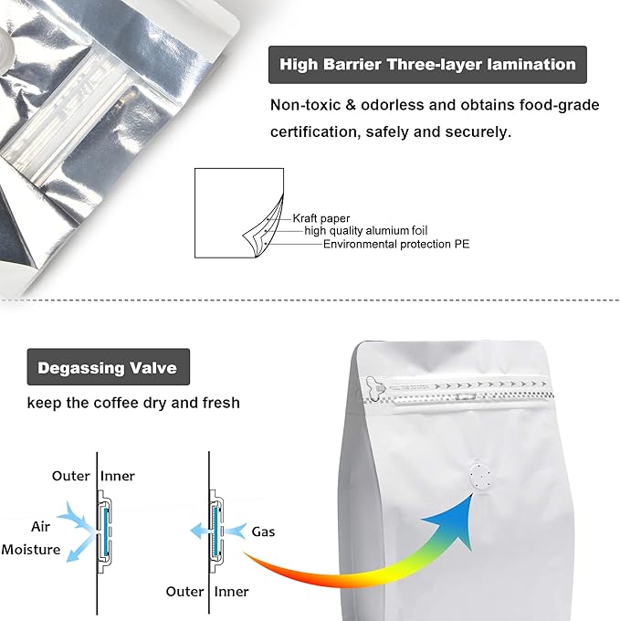 100 Pieces 8oz/0.5lb White Kraft Paper Coffee Bags, Stand Up Coffee Pouches with One Way Degassing Valve and Reusable Side Zipper (Pull Tab to Open) Flat Bottom - Stand Up Well (8oz, 0.5lb, 227gram)