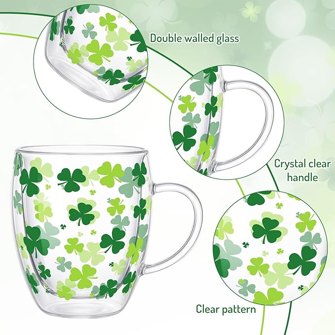 JarThenaAMCS St. Patrick's Day Coffee Mugs with Handle Shamrock Double Wall Glass Insulated Glasses 12Oz Clear Espresso Cups for Cappuccino Latte Tea Home Holiday Supplies, Set of 2