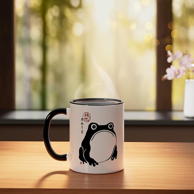Grumpy Frog Japanese Minimalist Art Frog Lover Ceramic Mug, Black/White