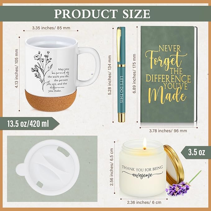 4 Pcs Thank You Gift Set for Men Women Employee Coworker Inspirational Appreciation Gifts Notebook Coffee Mug Scented Candle Pen for Valentine's Day Team Office Staff Teacher Nurse Volunteer
