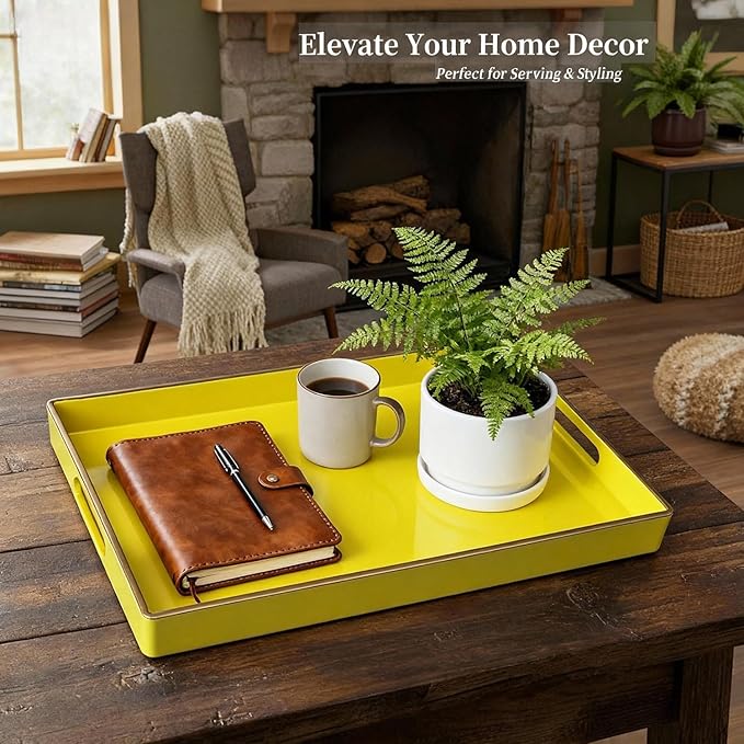 Zosenley Decorative Plastic Serving Tray with Handles, Modern Vanity Organizer for Bathroom, Kitchen, Ottoman and Coffee Table (Yellow, Rectangular)