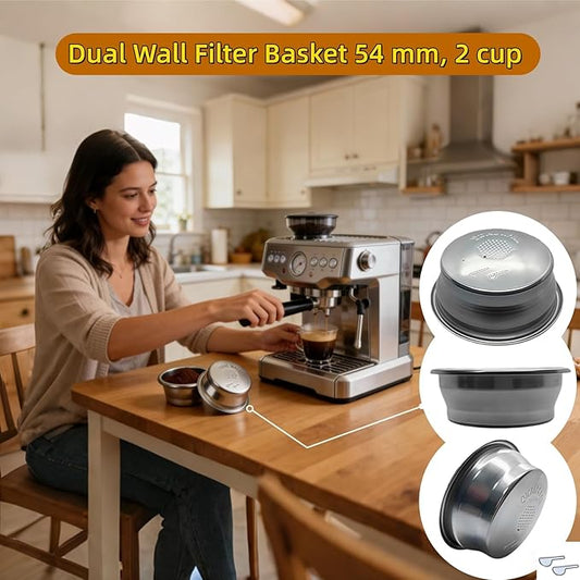 2 Cup Dual Wall Coffee Filter Basket, 54mm Pressurized Filter Basket Compatible with Breville Barista Series/Bambino Plus/Infuser/ BES860XL 8 Series Touch and Impress Espresso Machines