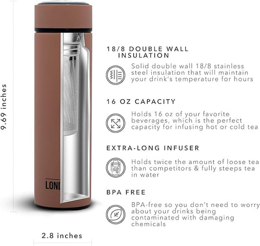 London Sip 16.9 oz Multi-Purpose Tea Infuser Mug – Fruit Infuser Water Bottle for Hot and Cold – Double Wall Stainless Steel Insulated, Mocha Brown