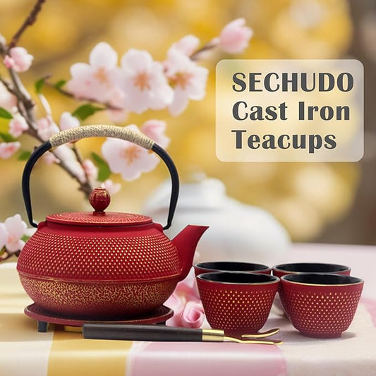 Japanese Cast Iron Tea Cups, Small and Heavy Teacups with no Handles, Japanese Style Cups for Adults, Asian Teacup, Coated with Enameled Interior, 4 Pcs/Box (Red, 3.38oz/100ml)