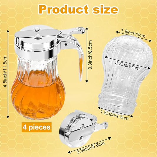 4Pcs 8oz Syrup Dispenser Honey Pot Glass Honey Dispenser Jar, Maple Syrup Dispenser, Honey Container, Commercial Quality With Handle Honey Dispenser for Home Kitchen Storage (4, Twill weave 4 Pack)