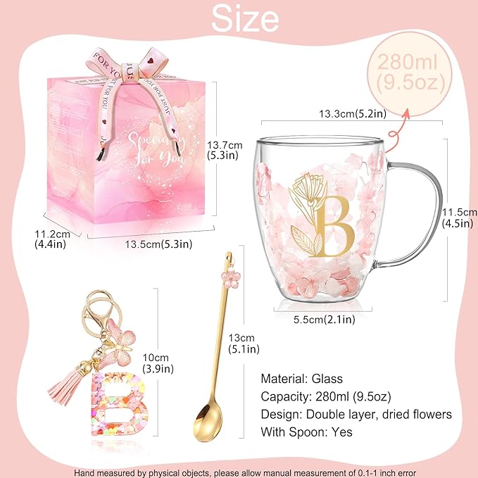 Personalized Gifts for Women Cute Double Wall Glass Coffee Mug Tea Cup with Spoon Customized Birthday Valentine Friendship Christmas Galentines Day Gifts for Women Her Sister Friends BFF Besties (B)