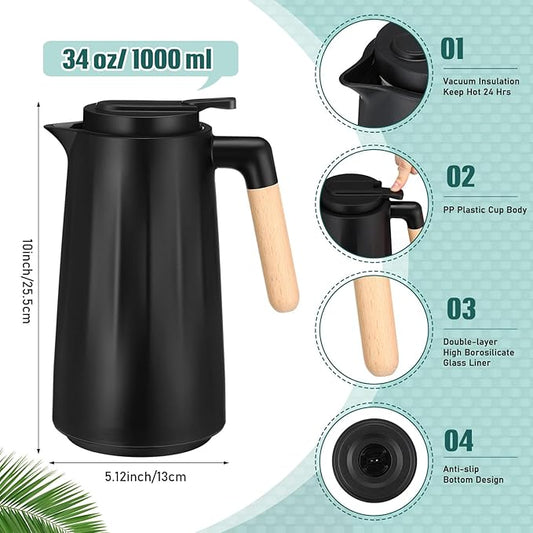 2 Pcs 34 oz Thermal Coffee Carafe for Keeping Hot/Cold Double Wall Vacuum Carafe with Insulated Glass Liner and Wood Handle Coffee Pot Container for Drinks Milk Tea Chocolates(Black)