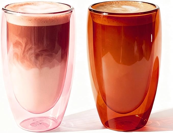 Double Wall Glass Cup 15oz Insulated Coffee Mug for Coffee Tasting Christmas Drinks Home Café Cozy Nights Holiday Gifts Set in Amber Brown/Rose Pink