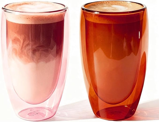 Double Wall Glass Cup 15oz Insulated Coffee Mug for Coffee Tasting Christmas Drinks Home Café Cozy Nights Holiday Gifts Set in Amber Brown/Rose Pink
