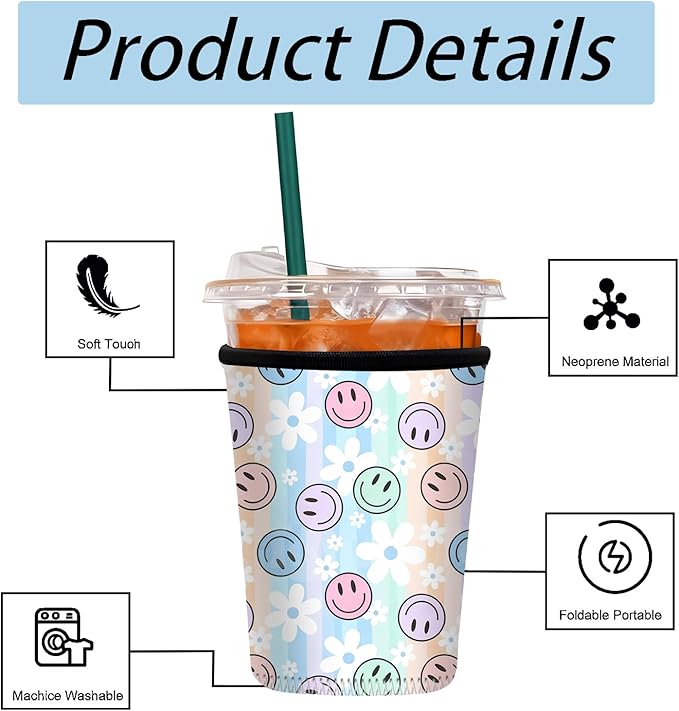 Neoprene Iced Coffee Sleeve 3 Pack, Reusable Insulated Coffee Cup Sleeves with Cute Smiley Face & Daisy Pattern, Fits 16–32 oz Tumblers, Compatible with Starbucks & Dunkin