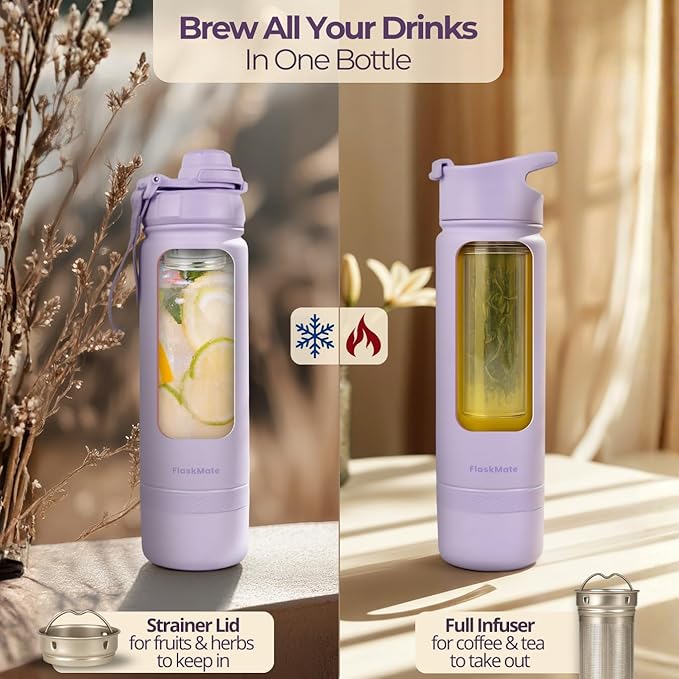 Tea Infuser Bottle & Cold Brew Travel Bottle – 18oz Insulated Flask with Storage, Filter & Dual Lids – For Work, Wellness & Gym – FLASKMATE All-in-One System (Mystic Lilac)