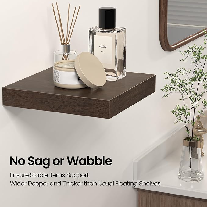 Square Floating Shelves for Wall, 10" W x 10" D x 1.4" H, Small Wooden Wall Mounted Display Shelves with Invisible Brackets for Living Room, Bedroom, Bathroom, Kitchen Decor, Set of 4, Walnut