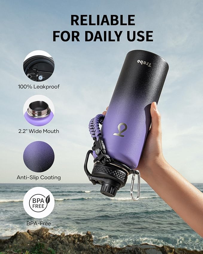 Trebo Water Bottle 40oz with Paracord Handle, Half Gallon Large Vacuum Double Wall Stainless Steel Insulated Water Jug with Holder Strap Straw Spout Lids, Leakproof Keep Cold & Hot,Dark Purple