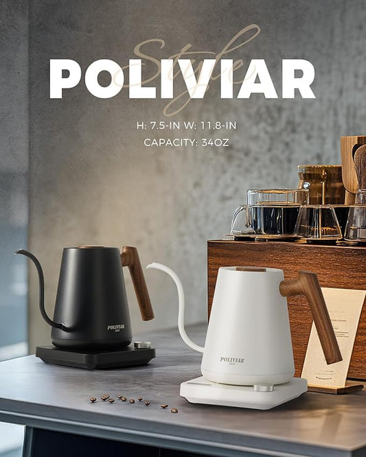 POLIVIAR Electric Gooseneck Kettle, 1350W Electric Tea Kettle Wood Pattern Handle, 34oz Pour Over Electric Kettle for Coffee & Tea, 18/8 Stainless Steel Inner, Temperature Control & Rapid Heating