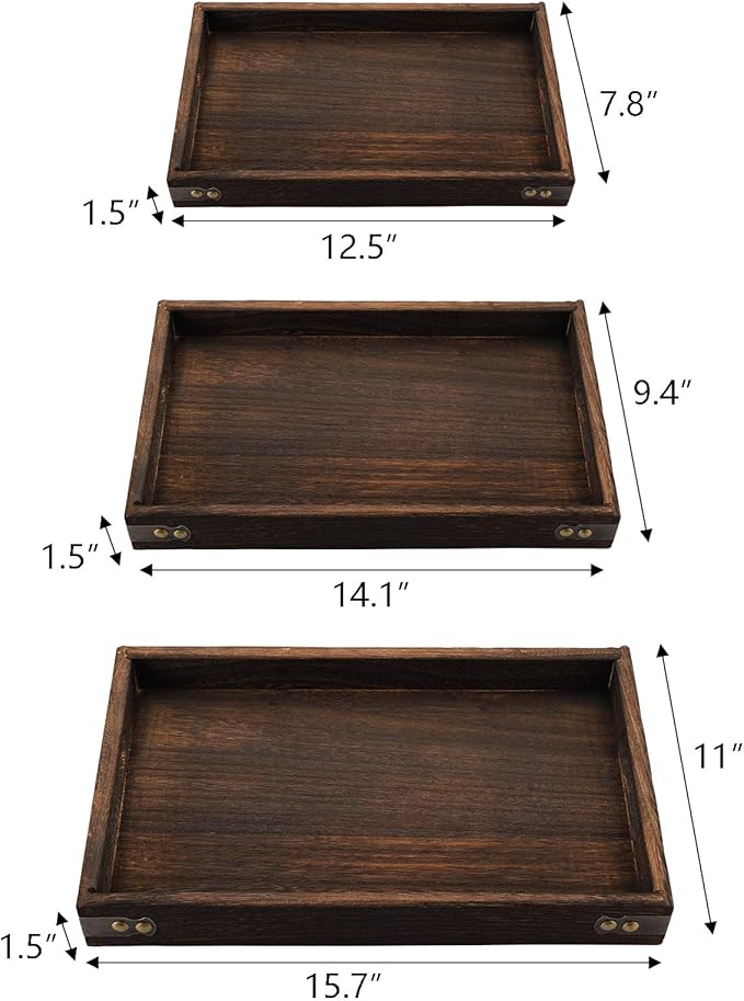 TOPZEA 3 Pack Wood Serving Tray with Handle, Farmhouse Wooden Coffee Table Trays Decorative Breakfast Tray for Bed, Couch, Ottoman, 3 Size