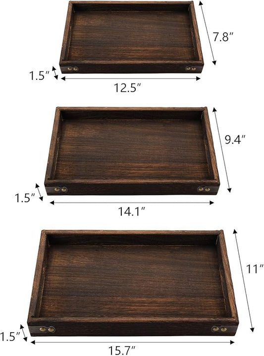 TOPZEA 3 Pack Wood Serving Tray with Handle, Farmhouse Wooden Coffee Table Trays Decorative Breakfast Tray for Bed, Couch, Ottoman, 3 Size