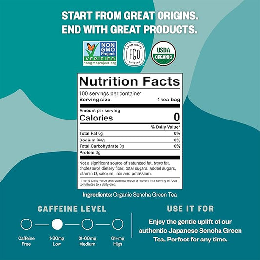 FGO Organic Sencha Green Tea, 100 Count, Eco-Conscious Tea Bags, Resealable Bag, Sourced From Japan, Packaging May Vary (Pack of 1)