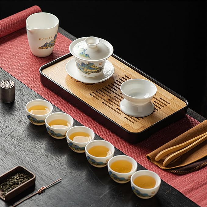 LURRIER Gongfu tea sets, Portable Ceramic TeaSet, Asian Tea sets for adult, Tea Gift sets, Grey leather case, Portable Travel Bag,Home,Gifting,Outdoor and Office(White Jade Thouand Mile and Mountain)