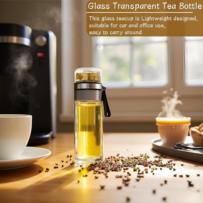 Tea Infuser Bottle, Glass Tea Infuser Bottle Double Wall Portable Tumbler Mug Travel Tumbler Mug Men (Steel Color)