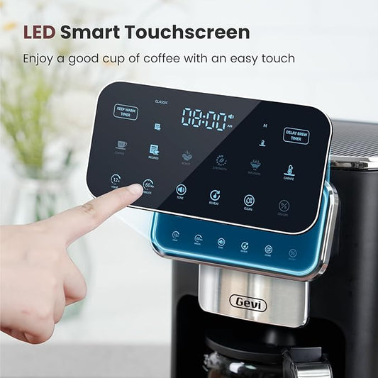 Gevi 12-Cup Programmable Coffee Maker with Touchscreen, Strong Brew & Iced Coffee Options, Auto Shut-Off, 4-Hour Keep Warm, Glass Carafe, Anti-Drip System, Permanent Filter Included