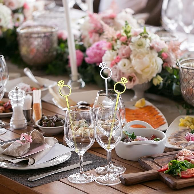 30 Pcs 6 Inch Diamond Ring Coffee Stirrers Reusable Cocktail Wedding Drink Stirrers Golden Silver Plastic Beverage Swizzle Stick for Wedding Party Festival(Golden, Silver)
