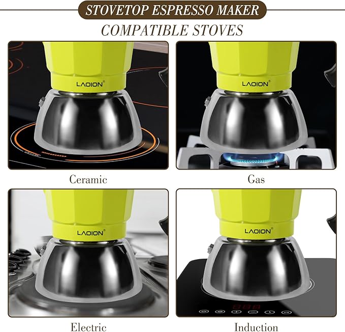 LAOION 3-Cup Moka Pot | Stovetop Espresso Maker | Induction Compatible | Stainless Steel & Aluminum | Green