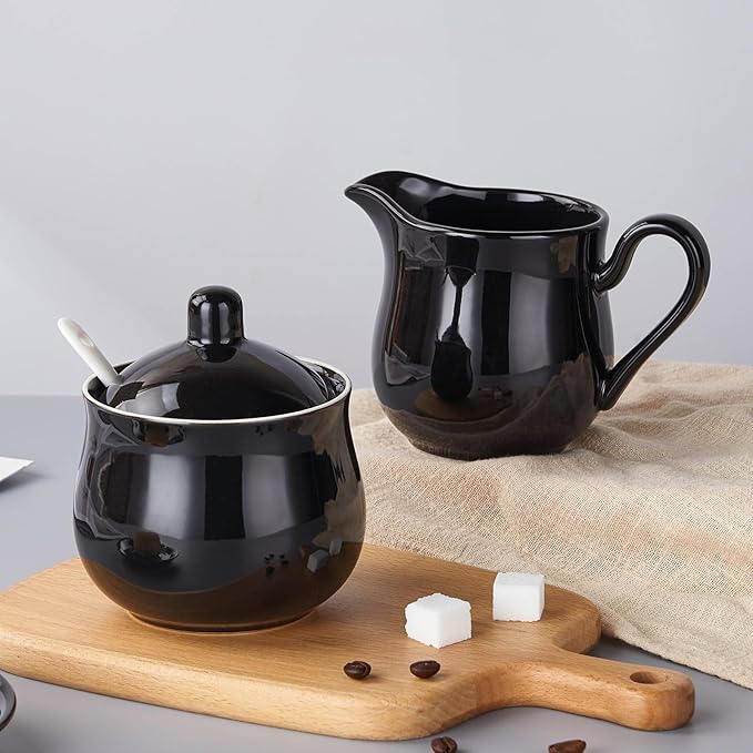 12 OZ Ceramic Sugar and Creamer Set, Coffee Serving Set, 3 Piece Cream Pitcher Sugar Bowl with Lid and Spoon (Black)