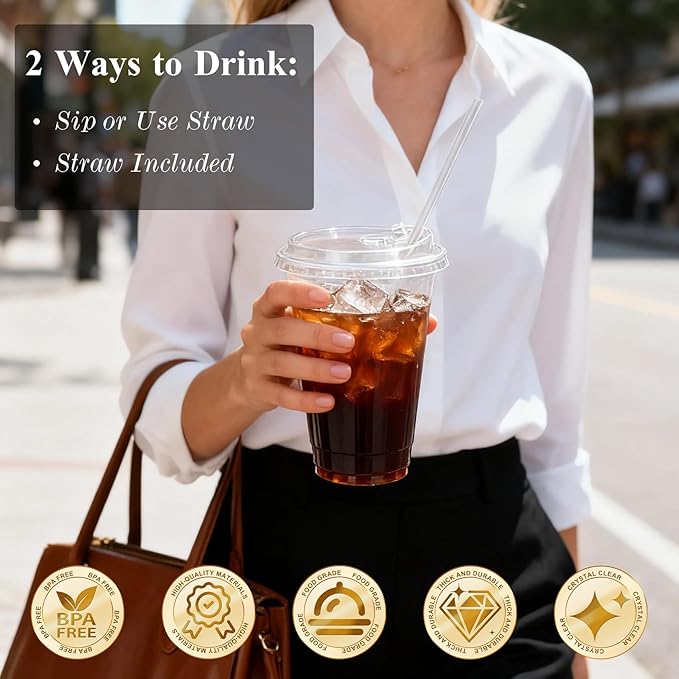 Goodluck 100 Pack 20 oz Plastic Cups With Strawless Sip Lids, Disposable Iced Coffee Cups with Lid, Clear To Go Cups for Smoothies, Party Drinks, Bubble Tea, Cold Beverage, Straws Included BPA Free
