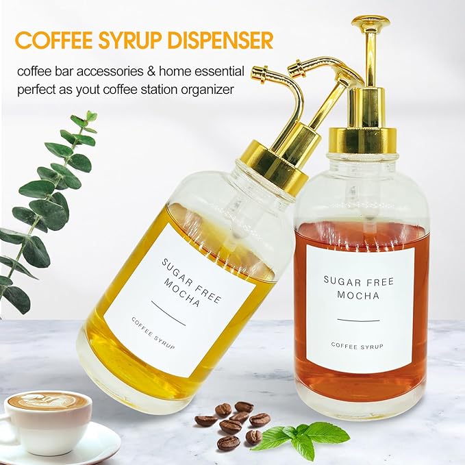 Gold Upgraded 2 Pack 16.9 Oz Coffee Syrup Dispenser - Clear Glass Bottles w. Pump and 36 Labels, Coffee Bar Accessories for Cinnamon, Vanilla, Caramel