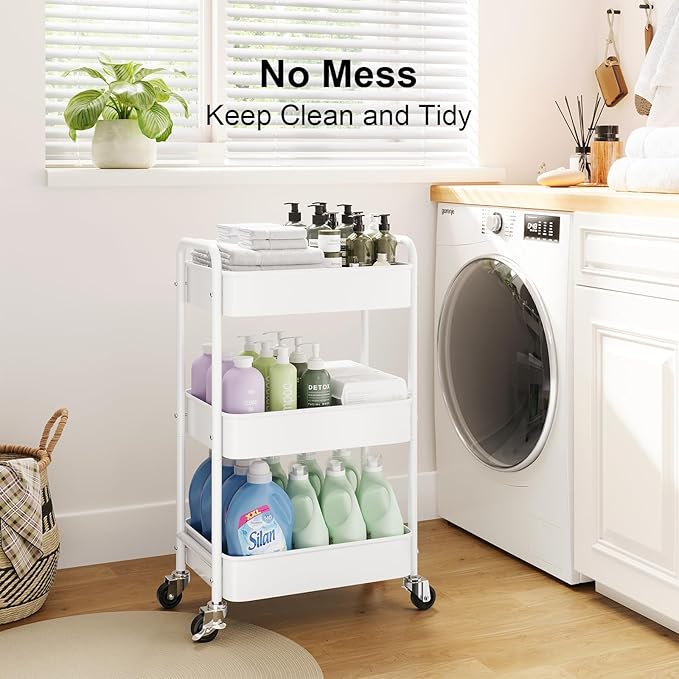 3 Tier Rolling Cart Metal with Wheels, White Three Tiered Craft Cart Organizer on Wheels, Storage Utility Carts for Art, Baby Nursery,Diaper Caddy, Cleaning Supplies, Nail,Lash,Snack,Book,Roller Shelf