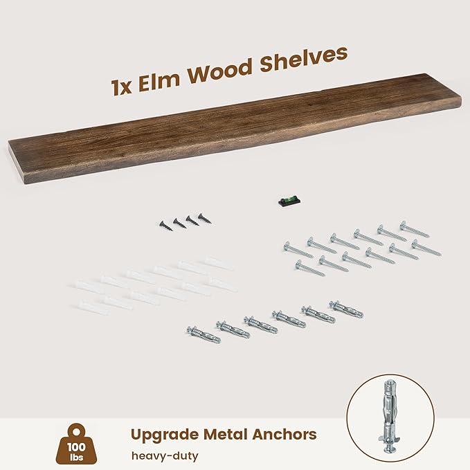 Reclaimed Elm Wood Floating Shelf for Wall, Live Edge 55"W x 9.2"D x 1.4"H, 1 Pack with Invisible Bracket, Large Wall Mounted Shelf for Living Room Bedroom Kitchen Bathroom Decor, Walnut Finish