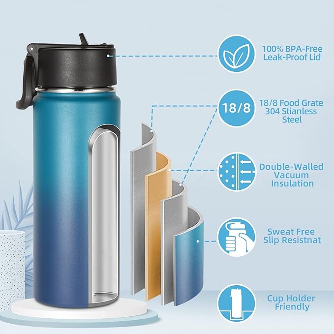 Volhoply 16 OZ Kids Water Bottle Bulk 2 Pack,Insulated Sports Bottles with Straw Lid,Stainless Steel Bottle with Handle Keep Cold & Hot,Double Wall Vacuum Tumbler Cups for School(Dark Night, 2)