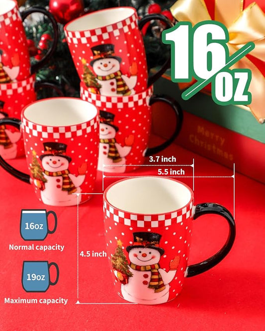HASENSE Coffee Mugs Set of 6, Ceramic Coffee Cups with Handle, Large Christmas Latte Cup for Tea, Hot Cocoa, Milk, Stylish Mug for Holiday Gift, Dishwasher and Microwave Safe, Red