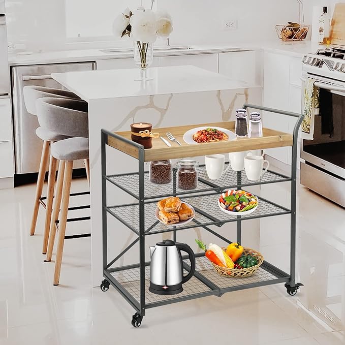 Vipush Kitchen Serving Cart, 4-Tier Kitchen Utility Cart on Wheels with Storage for Living Room, Wood Look Accent Furniture with Metal