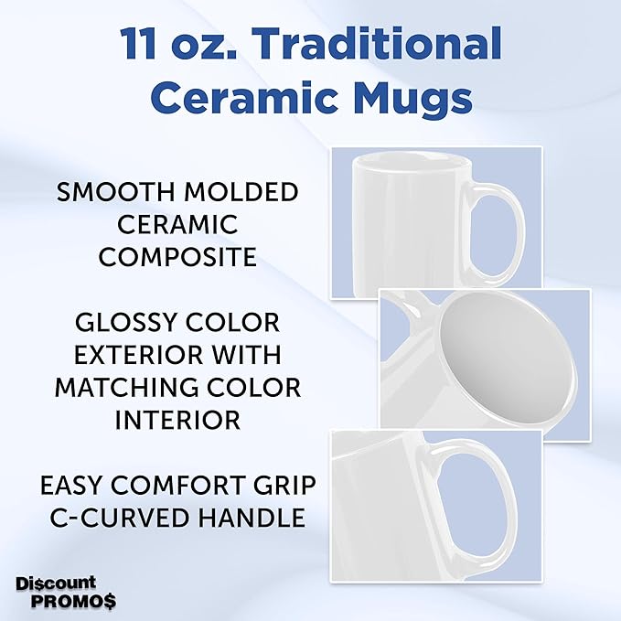 DISCOUNT PROMOS Ceramic Coffee Mugs 11 oz. Set of 10, Bulk Pack - Coffee cup set, Iced coffee cup, Gaming mug - White