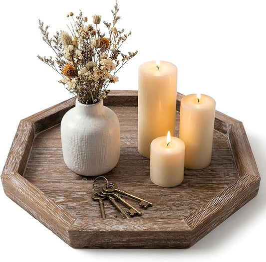 Rustic Candle Holder Plate Boho Wooden Decorative Trays for Coffee Table Farmhouse Kitchen Counter Home Decor Living Room Small Wood Serving Tray for Dining Table Centerpiece Bathroom Vanity Trays