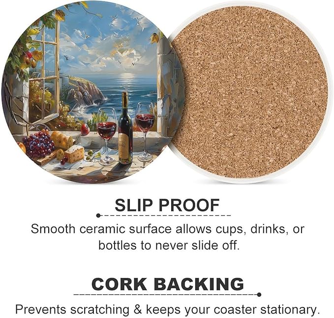 Round-6PCS Red Wine Drink Coasters, Round Modern Ceramic Absorbent Coasters, Oil Painting Style Red Wine Grapes Sea Scenery Decor Desk Coffee Table Coaster for Beverage Cup Tea Coasters