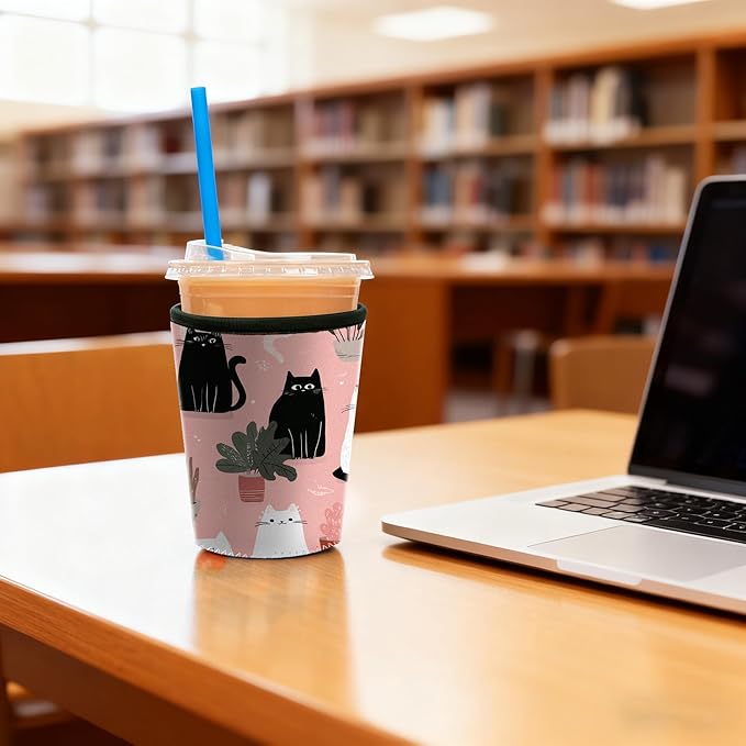 Fits 16oz 24oz 30oz Cups Cute Cat Print Iced Coffee Sleeve Set of 3 Insulated Reusable Coffee Sleeve for Cat Lovers