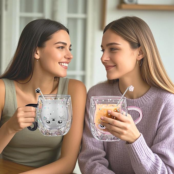 Gifts for Women Cat Gifts Double Walled Glass Coffee Latte Cup Cute Stuff Black Cat Mug Gifts for Her Christmas Stocking Fillers,Birthday,Valentines,Halloween Presents for Women,Men,Kid,Mum,Teacher