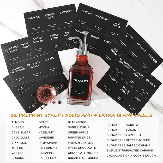 Coffee Syrup Dispenser, Coffee Bar Accessories 16.9 fl oz/500ml, Glass Syrup Dispenser with Silver Pump Dispenser, Labels, Spoons for Coffee Bar, 4 Pack