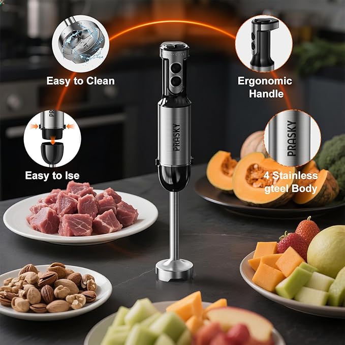 Immersion Blender Handheld Hand Blenders, 20 Speed & Turbo Mode Hand Held Blender, Heaviest Duty Copper Motor, Stainless Steel Blades, Milk Frother Wand, Whisk, 600ml Beaker, 500ml Chopper (Silver)