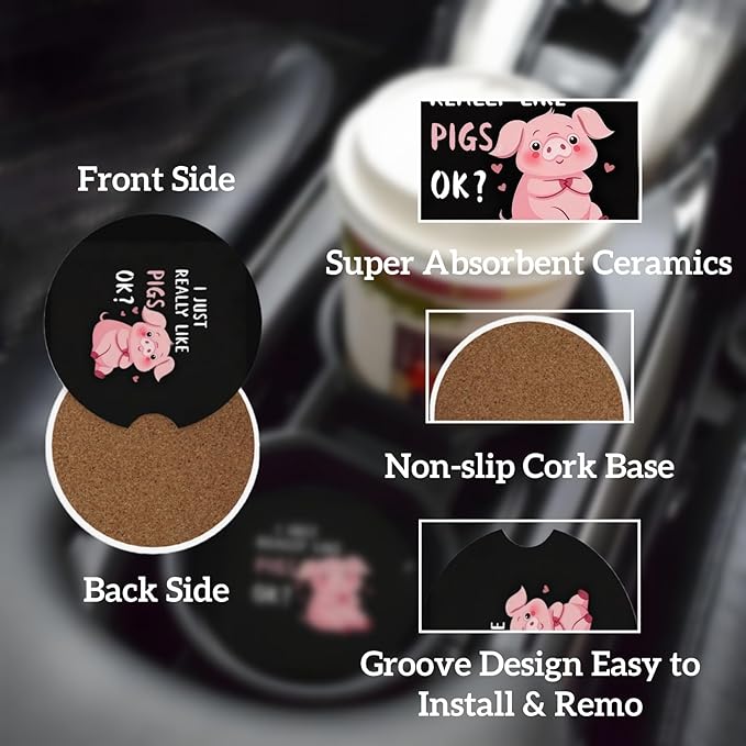 Car Cup Holder Coasters, 2 Pcs Ceramic Coasters with Finger Slot and Cork Back, Anti-Slip Shock Absorbing Women and Men Universal Car Accessories - Pigs