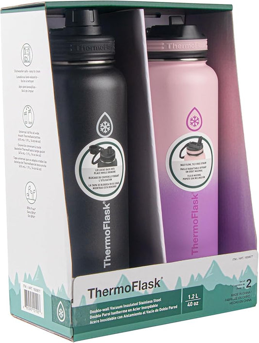 ThermoFlask Stainless Steel Water Bottles 2-Pack - Double-Wall Vacuum Insulated 40 oz BPA-Free Spout Lids - Keeps Drinks Cold 24 Hrs, Hot 12 Hrs - Leakproof, Dishwasher Safe, Black/Rose Purple