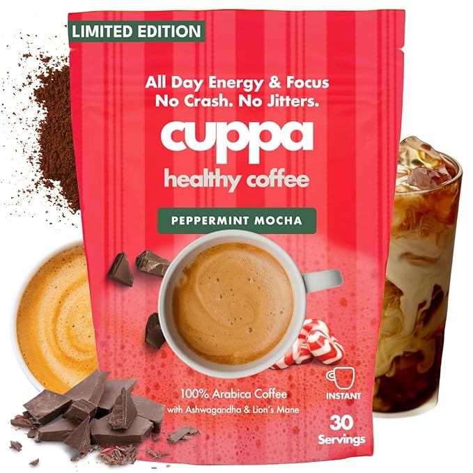 Cuppa Peppermint Mocha Mushroom Coffee with Adaptogens & Superfoods - Lion’s Mane, Ashwagandha & Cordyceps. Adaptogens + MCT to support natural energy, mental focus & gut health (30 Servings)