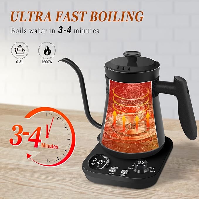 Secura Electric Gooseneck Kettle, 5 Variable Presets for Coffee Tea Brewing, 100% Stainless Steel Inner Tea/Coffee Kettle with 1.5H Keep Warm, 1200 Watt Quick Heating Pot, 0.8L, Matt Black