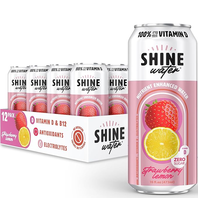 Shine Water Strawberry Lemon Vitamin D Electrolyte Drinks 12-Pack, Sugar Free Flavored Water with Magnesium, Zinc & Antioxidants, Low Calorie Hydration Beverage, Plant-Based Vitamin Water Zero Sugar